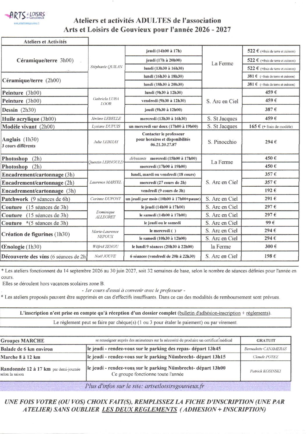 2026-2027 Activités adultes