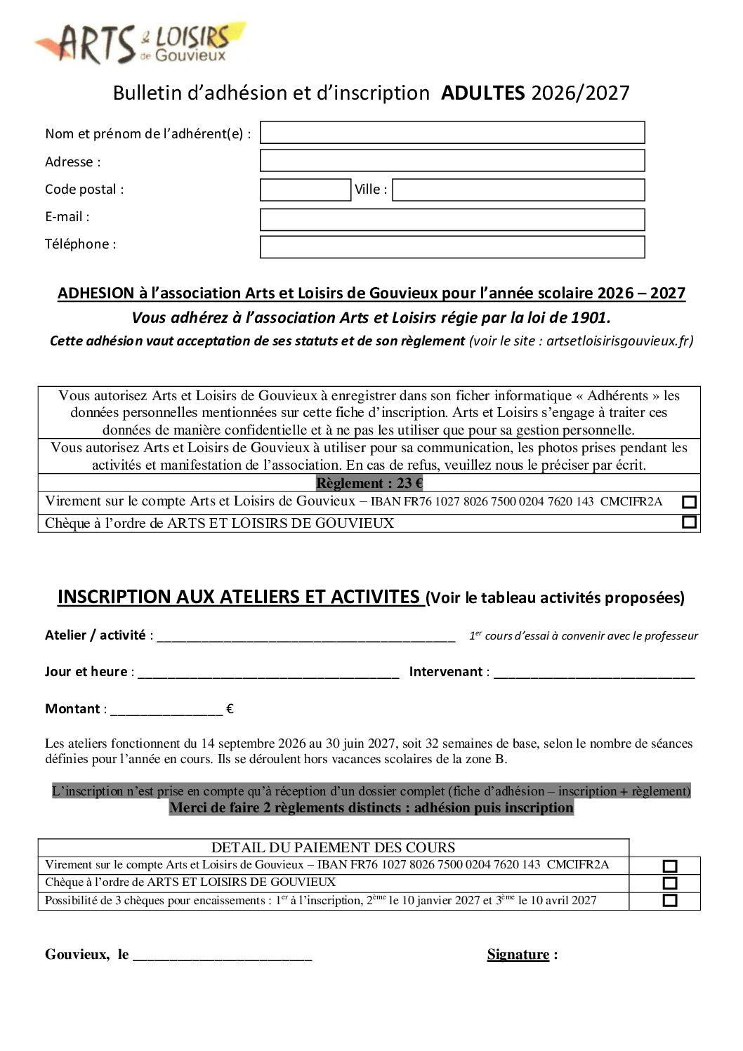 2026-2027 Bulletin inscription adultes